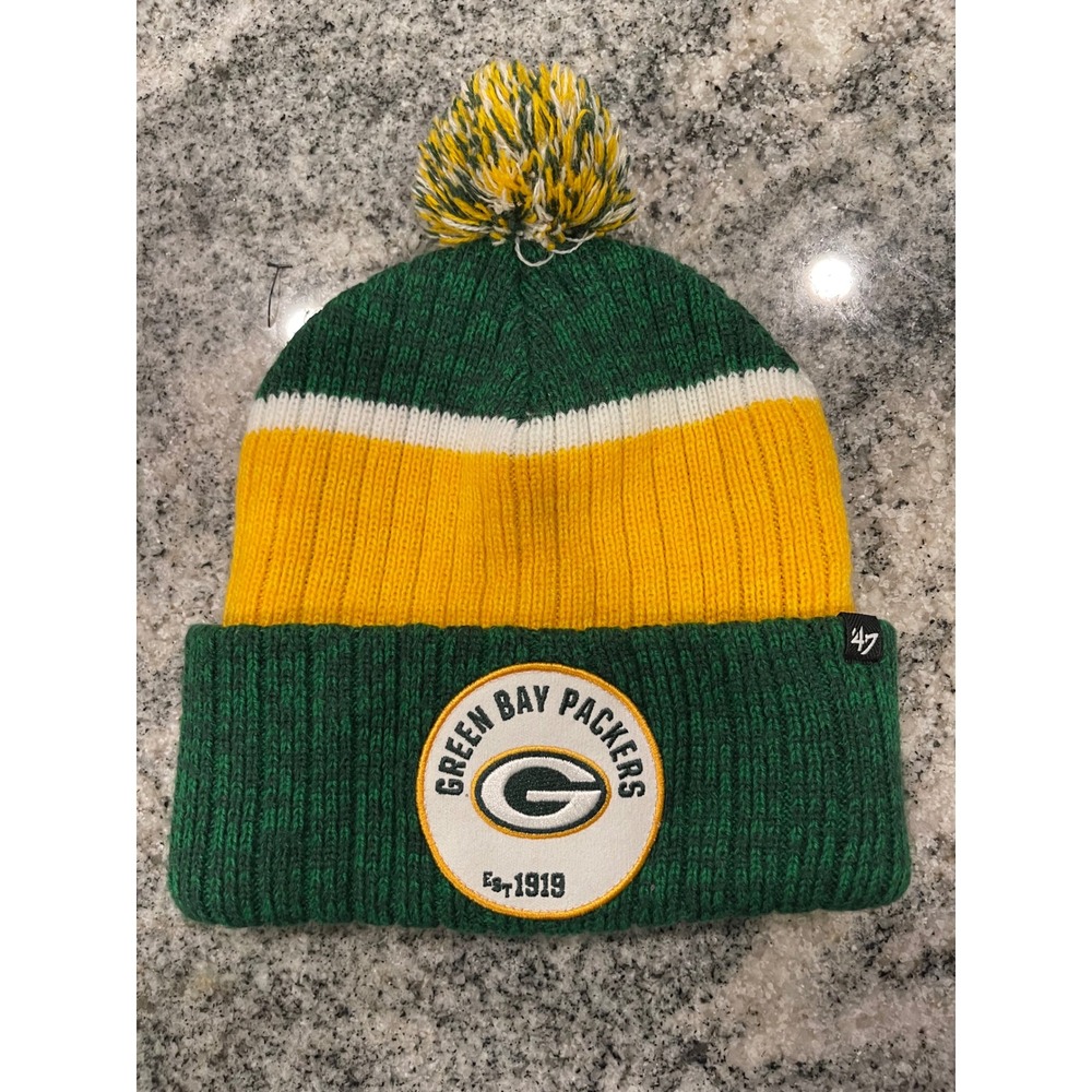 47 Brand Green Bay Packers NFL Knit Pom Beanie Hat Green Gold Cuffed OSFA